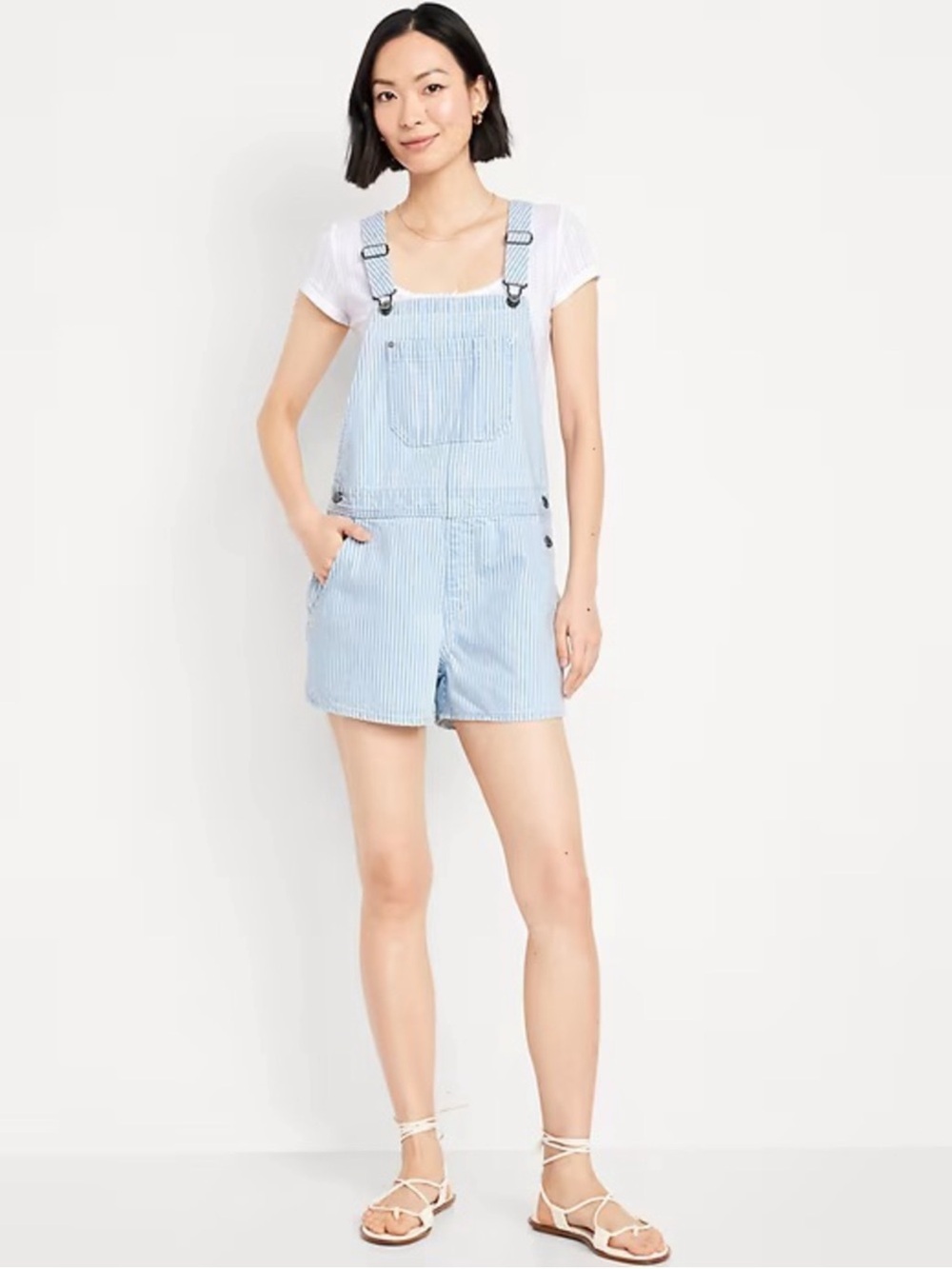 Old Navy Light Blue & White Stripe Denim Short Overalls, Size XL, NWOT